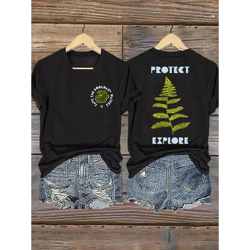 ilstile Women's Short  Retro Save The Boundary Waters BWCAW Print Summer T-Shirts Summer Casual V Neck Black White Blue Tops