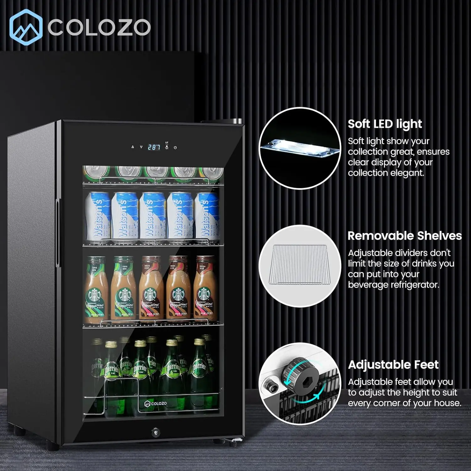 17 Inch Freestanding Beverage Refrigerator Cooler, 96 Cans Mini Fridge with Glass Door, Removable Shelves for Soda