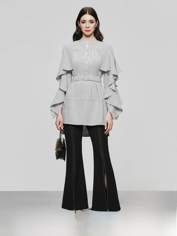 

Spring 2026 Fashion Elegant Women's Slim Fit Striped Top And Micro Flare Pants Set with Lace Trim Stylish Ensemble for Dates