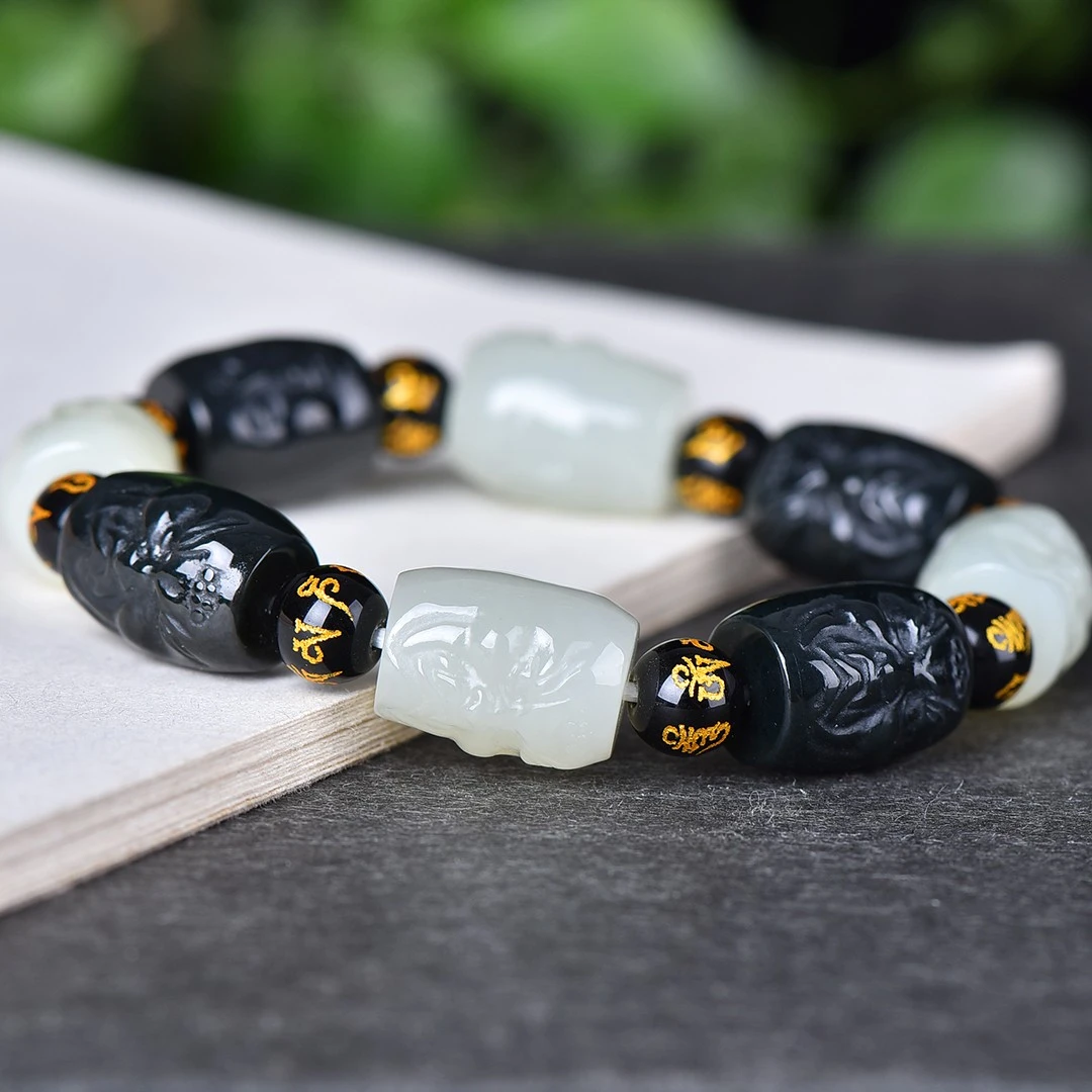 

Сертифицированный браслет из натурального нефрита для мужчин и женщин, натуральный китайский нефрит Hetian Jade, черно-белые браслеты с головой Будды