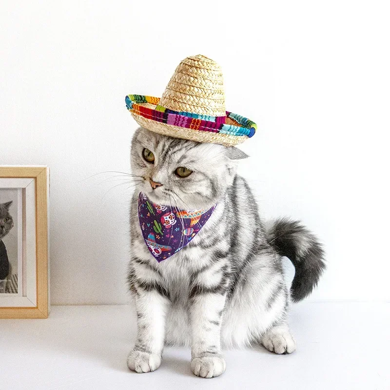 Straw Sombrero Mexican Hat Pet Adjustable Buckle Multicolor Pet Straw Dog Cat Hat Beach Party Sombrero Sun Hat Dog Accessories