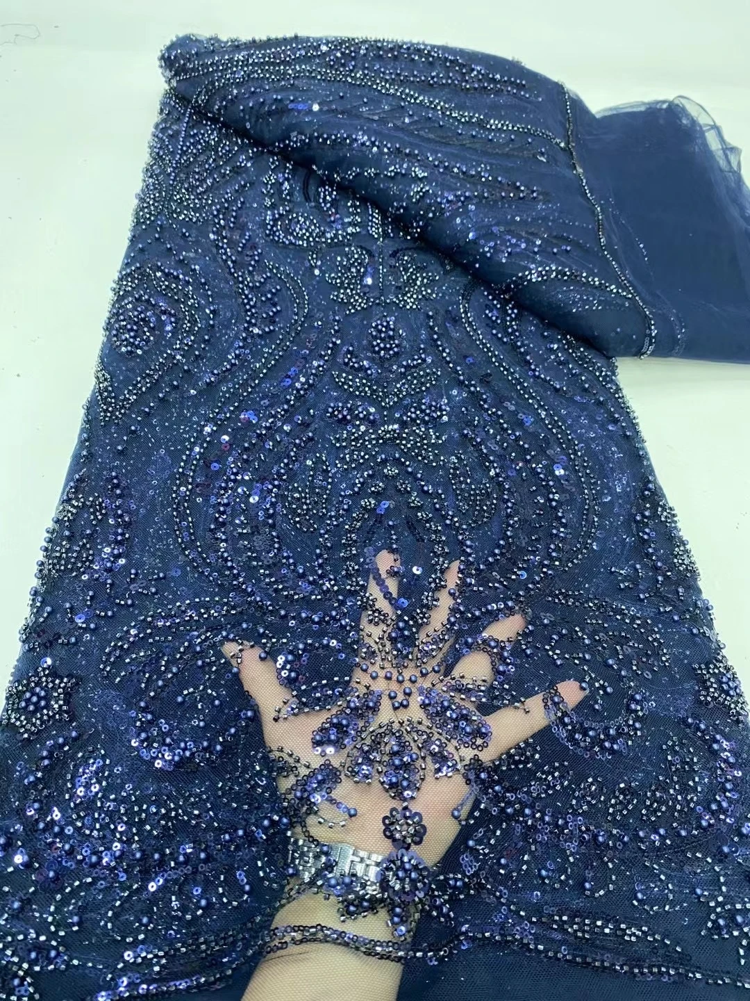 

African Nigerian Sequins Embroidery Tulle Lace Fabric High Quality Beads Stone Prom Dresses Sewing Guipure 5 Yards DP0347 2025