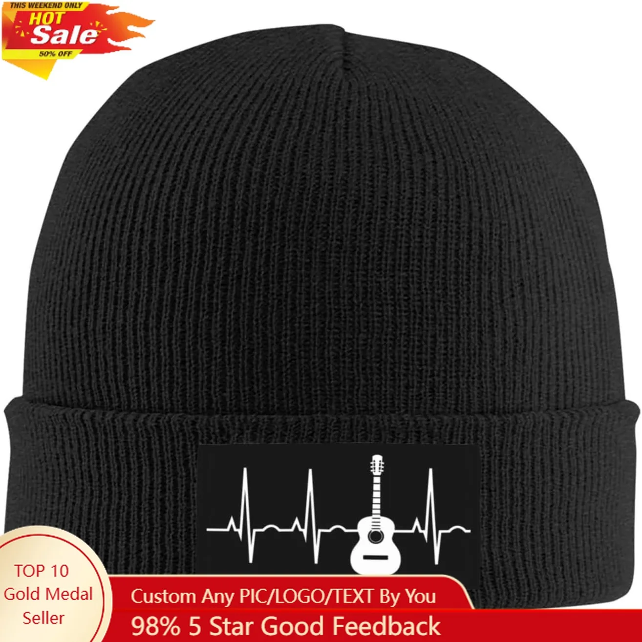 

Funny-Guitar-Heartbeat-Musician-Gifts Black Beanie Hats Knit Beanie Cap Winter Hat for Men Women