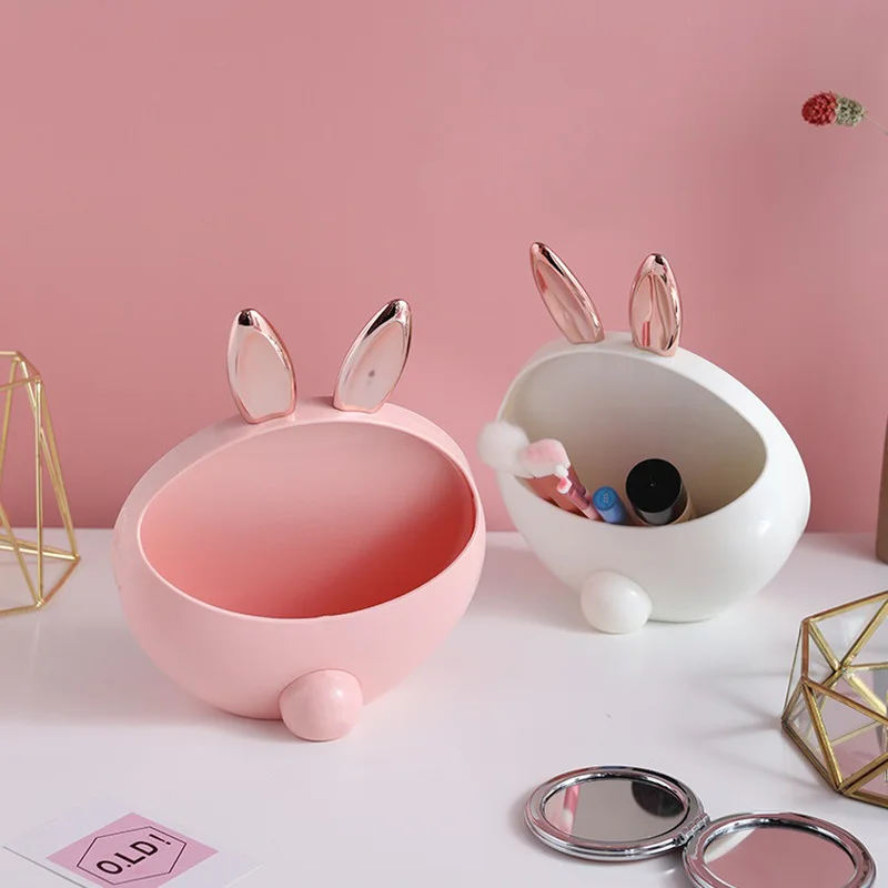 CASBathroom-Miroir de maquillage rond avec boîte de rangement cosmétique, design d'oreille de lapin mignon, miroir debout créatif avec brosse, U29