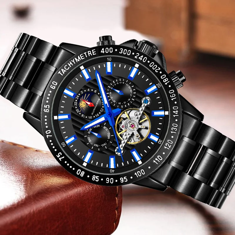 KunHuang Original Men's Automatic Mechanical Moon Phase Watch Stainless Steel Skeleton Waterproof Fashion Wristwatch For Man