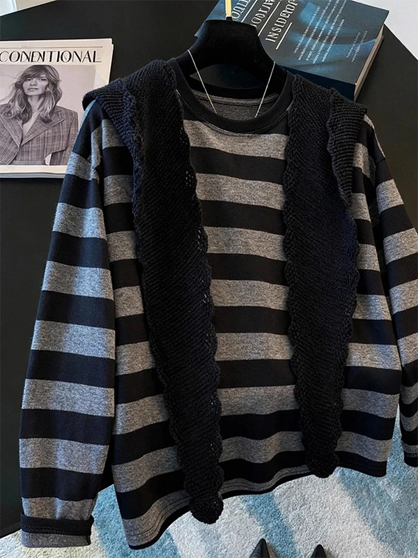 

Футболка большого размера (300 Pou) с круглым вырезом, свободного кроя, в полоску, с дизайном на плечах, с длинным рукавом, базовый слой, повседневная, дышащая, влагоотводящая.