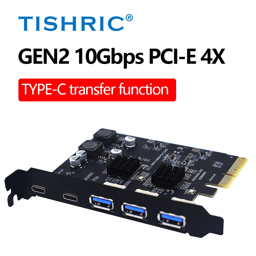 

TISHRIC 10Gbps USB3.2 Type C PCIE 2X 4X Expansion Card 1-5 Port Type C USB 3.2 Adapter ASM3142 Controller PCI Express 4X To 16X