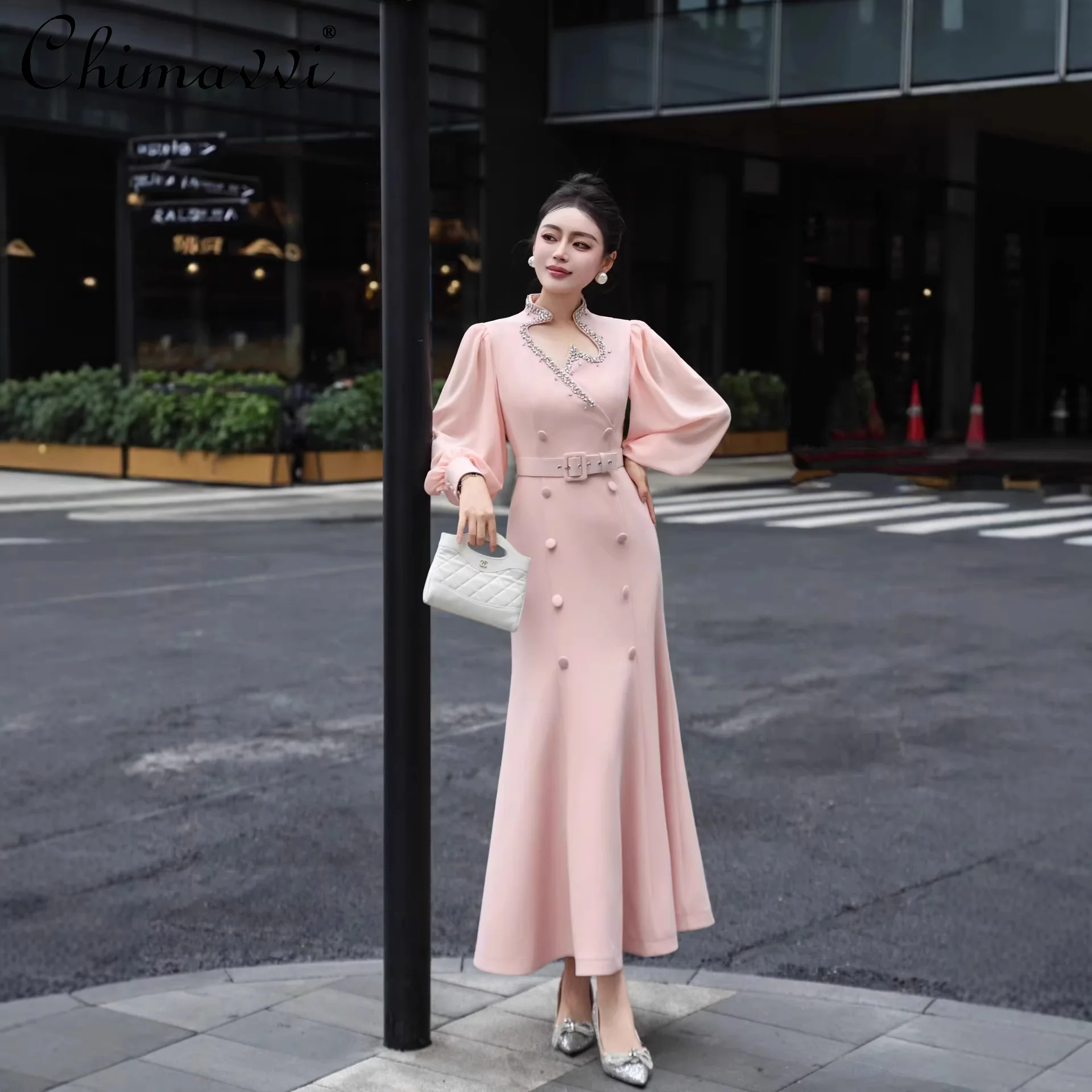 

Spring New Fashion Asymmetric Collar Diamond Dress Women's Classy Double Breasted Long Sleeve Silm Elegant Party Dresses