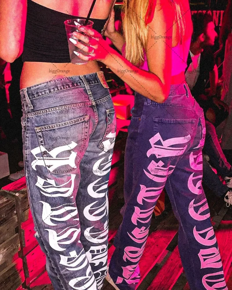 Jeans de cintura alta com letras impressas para homens e mulheres, calça solta retrô, perna larga reta, botão que combina com tudo, moda hip-hop de rua, Y2K