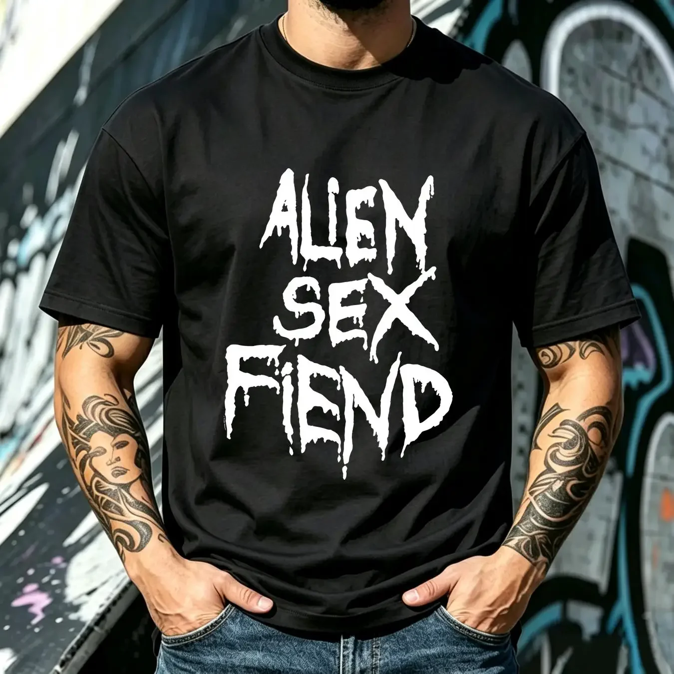 washed T Shirt alien sex fiend logo vintage Washed designer clothes Stylish Versatile homme Casual Stretched Slightly