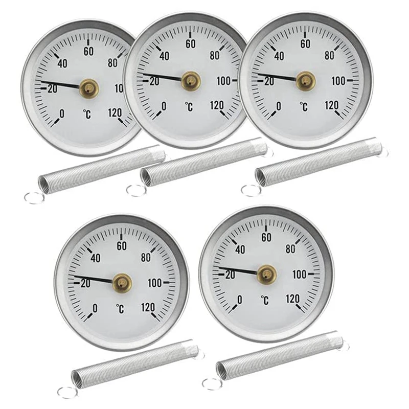 63Mm Pipe Clip-On Dial Thermometer Temperature Round Plate Gauge With Spring,Range 0-120℃, Aluminum Case, 15Pcs Set