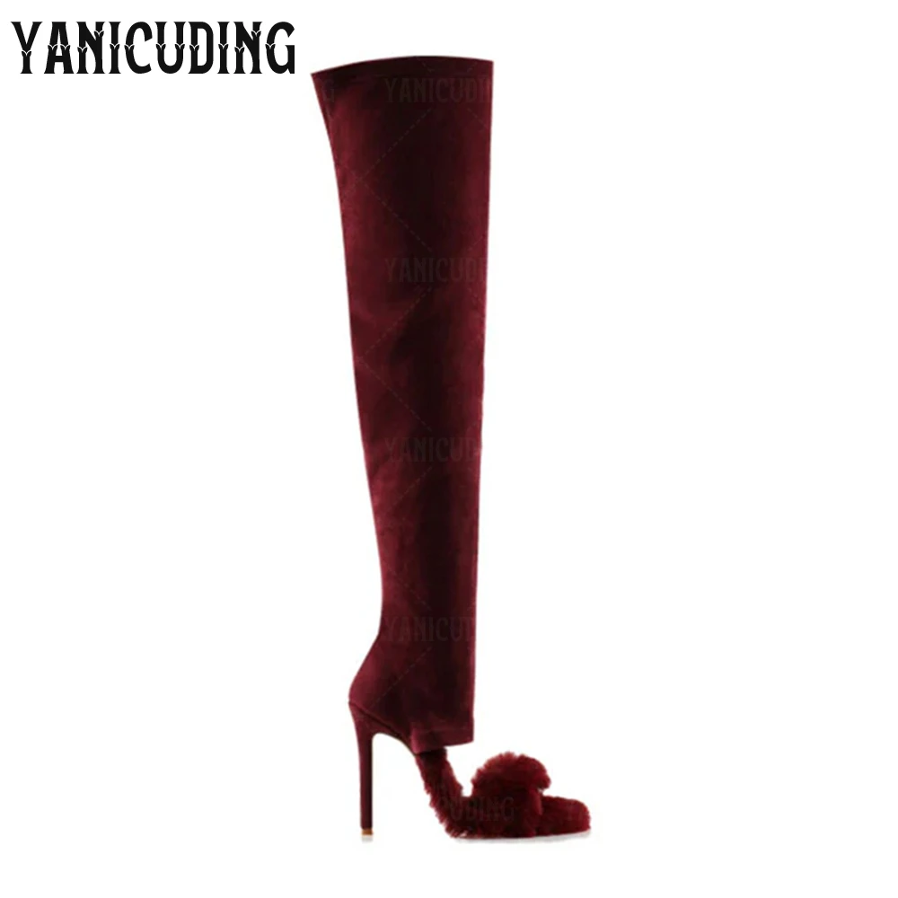 Faux Furr over the Knee Boots Peep Toe Slip on Women Boots Multicolor Faux Fur Stretch Boots Fashion Style Open Toe Women Boots