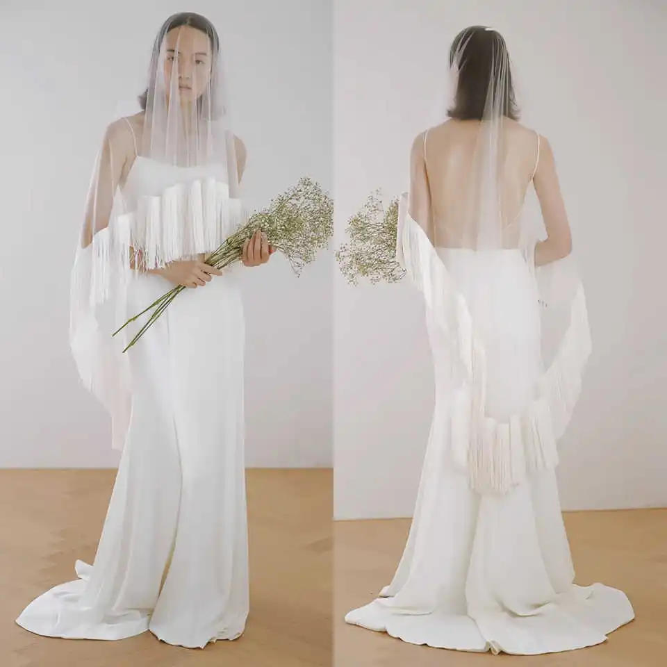 

Elegant Wedding Veils One Layer Tulle New Tassel Headdress Lace Tulle White Ivory Bridal Veil Customized length Veils V3260