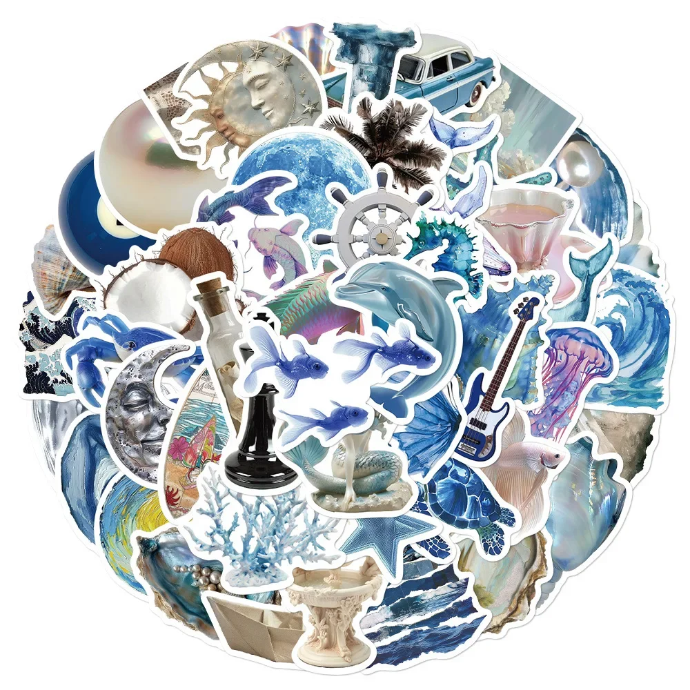50 Stück blaue Ins-Stil Ozean Muscheln schöne Aufkleber DIY Telefon Laptop Gepäck Skateboard Graffiti Aufkleber Spaß für Kinder Geschenk