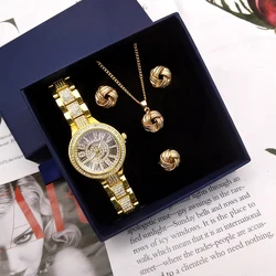 4pcs Set Fashion Gold Women Quartz Watch Diamonds Simple Ladies Watches  Geometric Earrings Necklace Ring Jewelry Set With Box