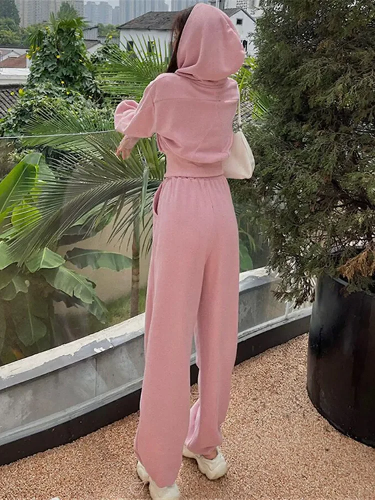 New Women Two Piece Set Solid Color Hooded Zipper Short Cardigan and Sweatpants Korean Style Fashion Casual Female Tracksuit 2XL