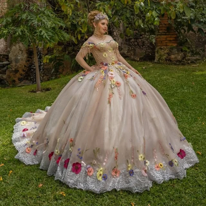 

Champagne Shiny Ball Gown Quinceanera Dresses Applique Flower Beading Crystal Tull Corset Off Shoulder Sweet 16 Dress Vestidos