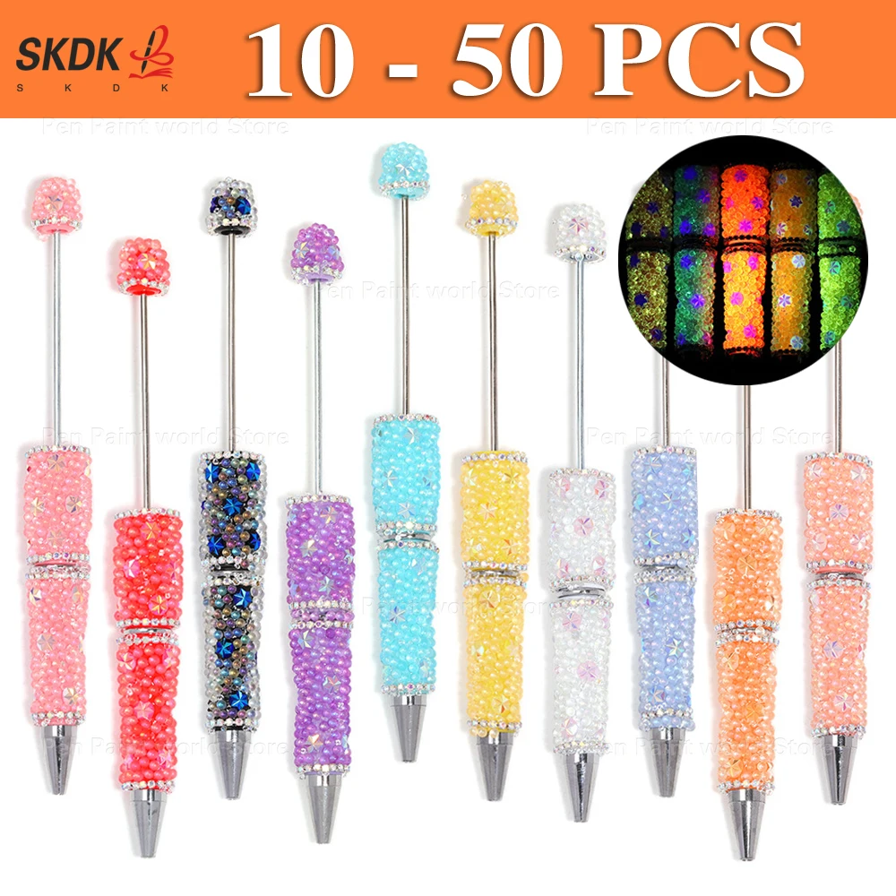 

10-50Pcs DIY Bead Ballpoint Pen – Night Glow Cute Beads with Full Rhinestone Grip, Perfect for Gifts & Craft Kits