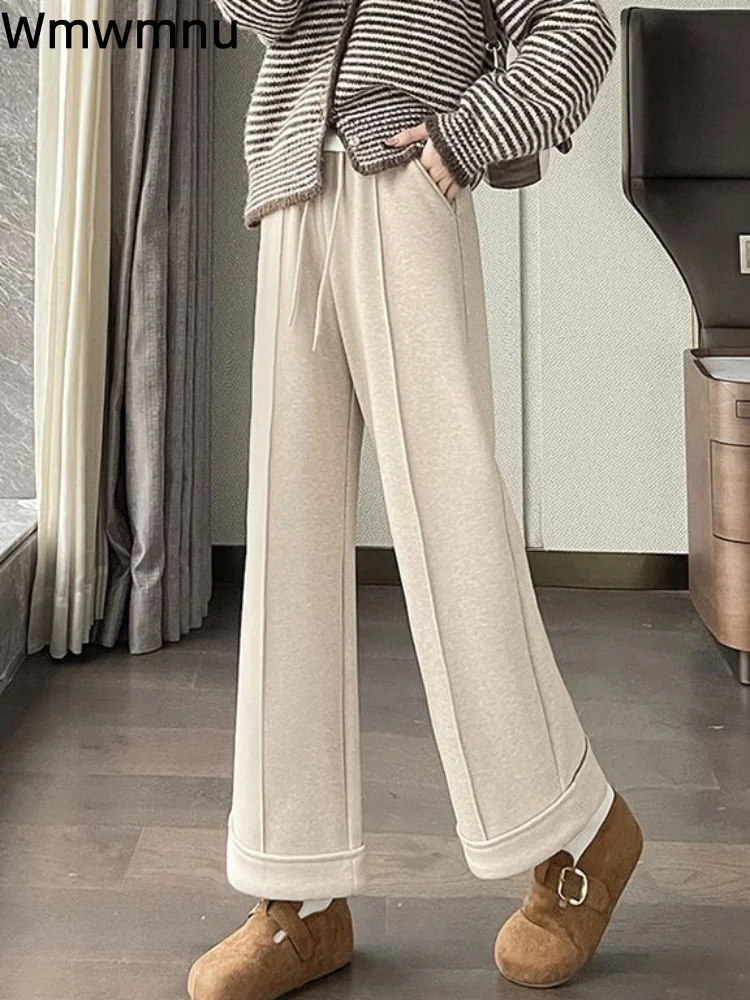 

Плюшевые широкие брюки-джоггеры до щиколотки для женщин, повседневные, свободные, модные, утепленные, с высокой талией, прямые штаны