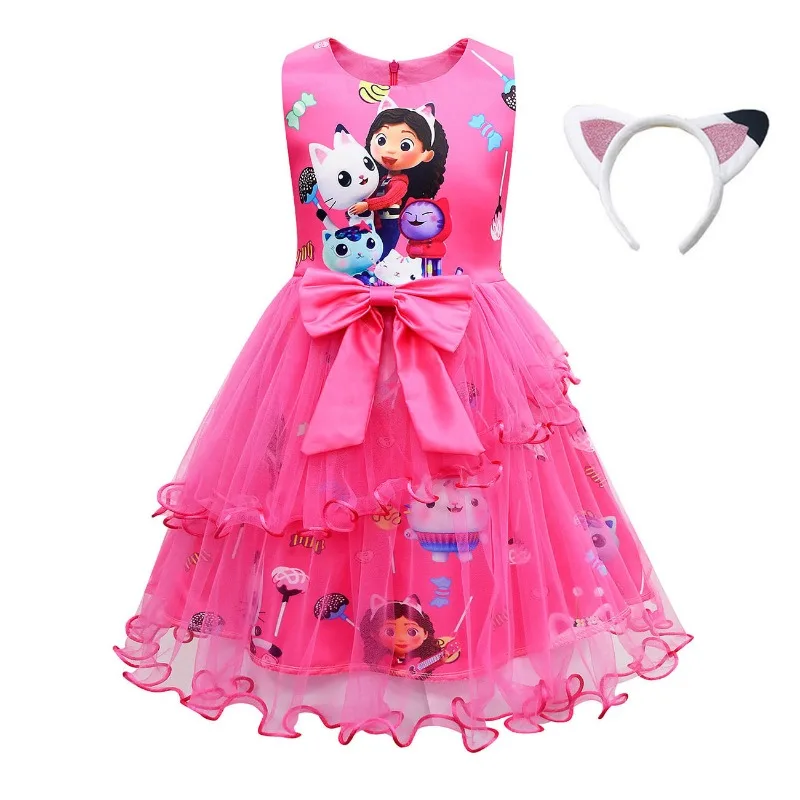 Girls Dress Summer New Short Sleeve gabby\'s dollhouse Princess Gabby Cat Mesh Tutu Skirt Children\'s Birthday Party Cosplay Dress