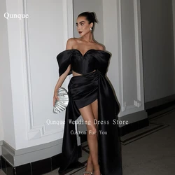 Qunque Short Black Satin Evening Dresses Mini Length Pleated Formal Occasion Prom Dress for Women Vestidos De Festa Customized