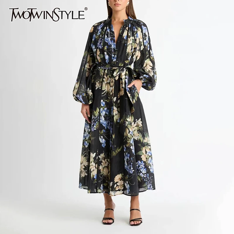 

TWOTWINSTYLE Hit Color Printing Vintage Dress For Women Stand Collar Lantern Sleeve High Waist Patchwork Folds Dresses Female