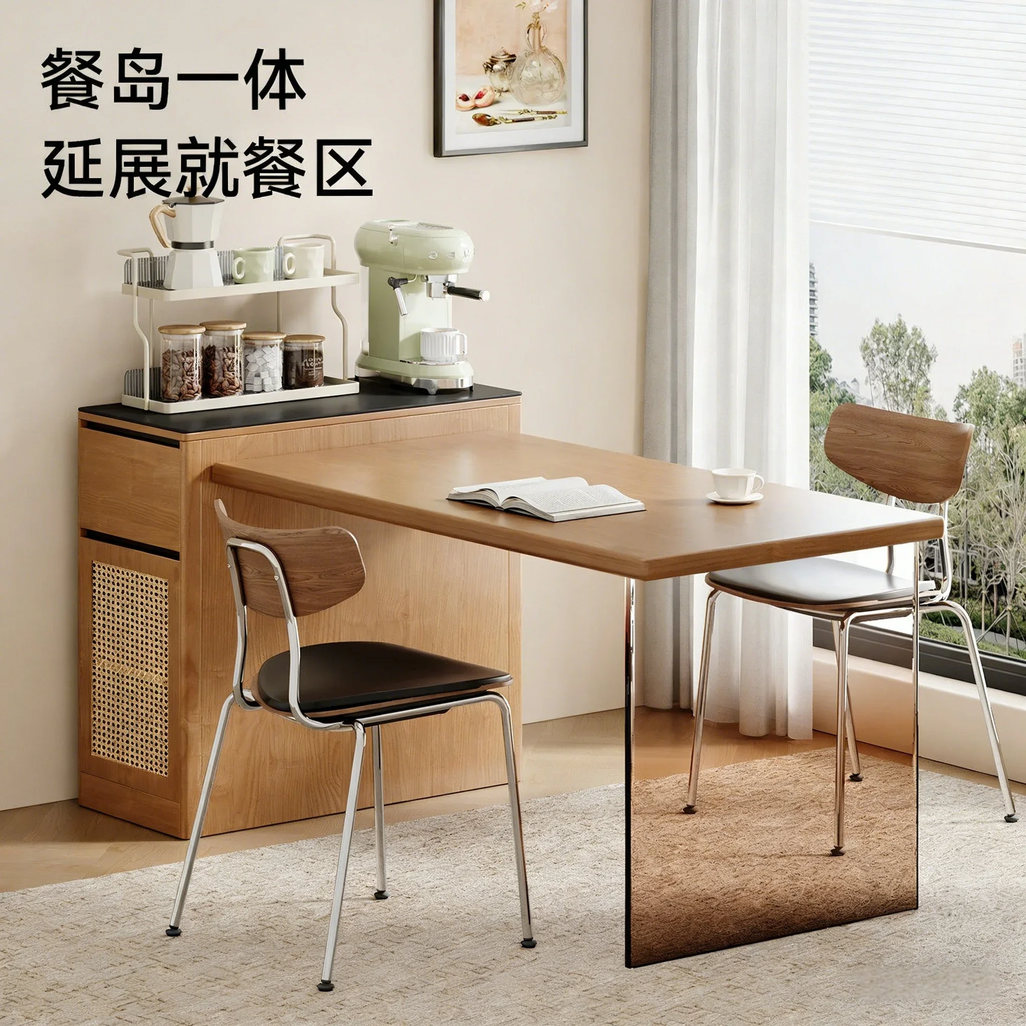 Side cabinet dining table integrated, home against the wall, modern simple locker kitchen with dining table cabinet