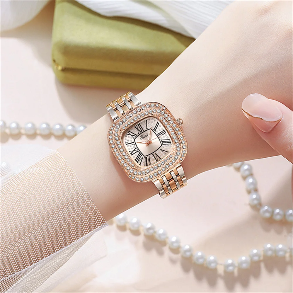 Luxury 2024 Simple Roman Square Full Star Diamonds Ladies Quartz Watch Business Stainless Steel Women\'s Dress Clock Wristwatch