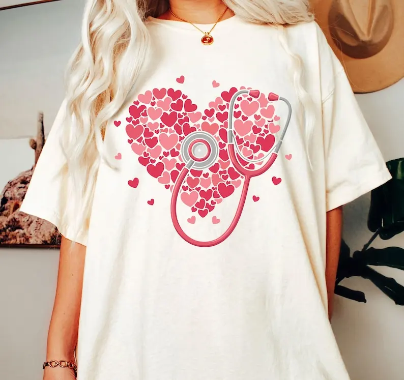Cardiology Nurse Shirt with Stethoscope Heart, Cute Heartbeat Medical Tee, Valentine Gift for Cardiac Nurses Tee T-shirt Shirt