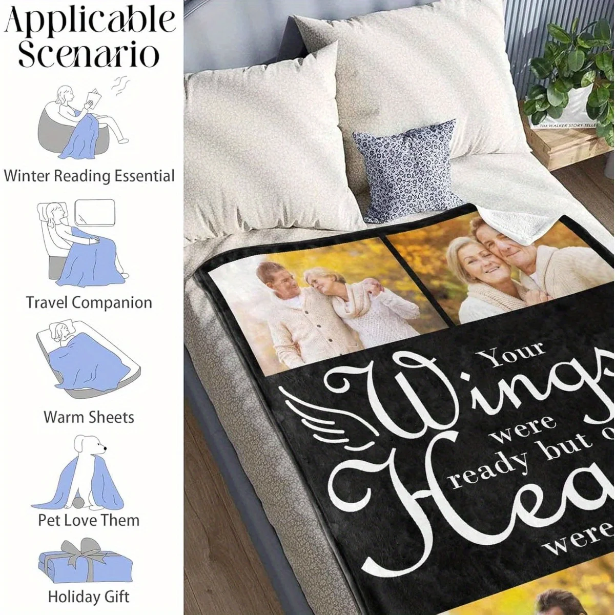 commemorative blanket with photo customized as a consolation gift for loved ones,designed with the message 'Your wings are ready