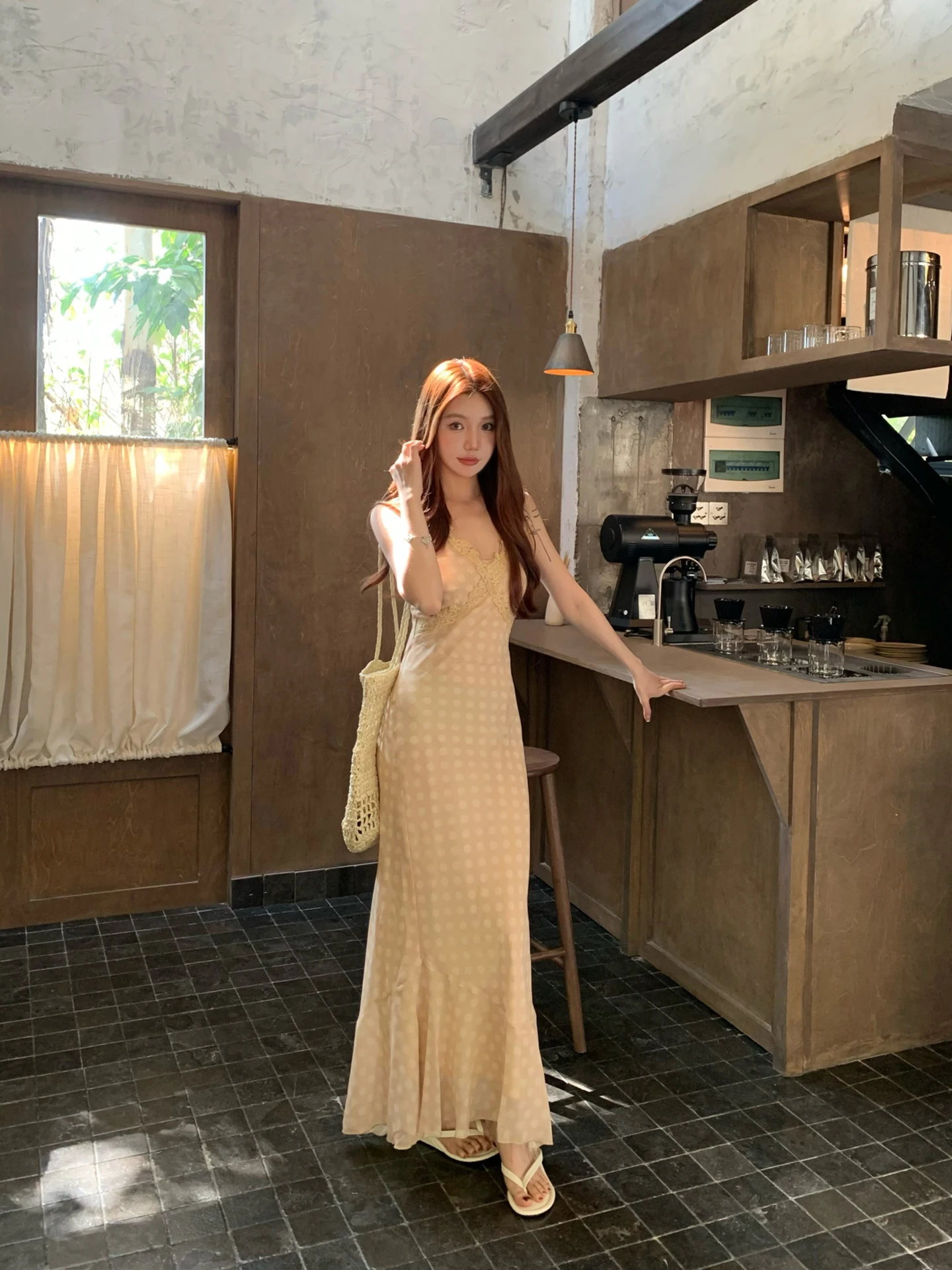 

FFCHEER Sleeveless V-neck Polka Dot Lace High Waist Slimming Gown Women's Spring Summer Casual Style Long Dress