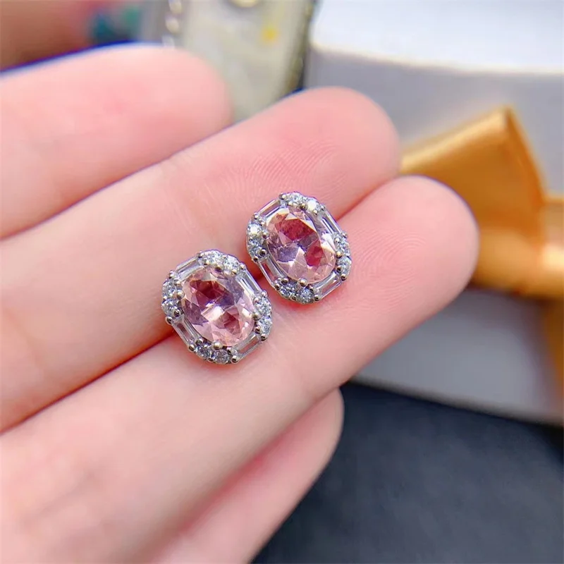 

925 Sterling Silver Stud Earrings for Women Morganite Single Pink Handmade Jewelry