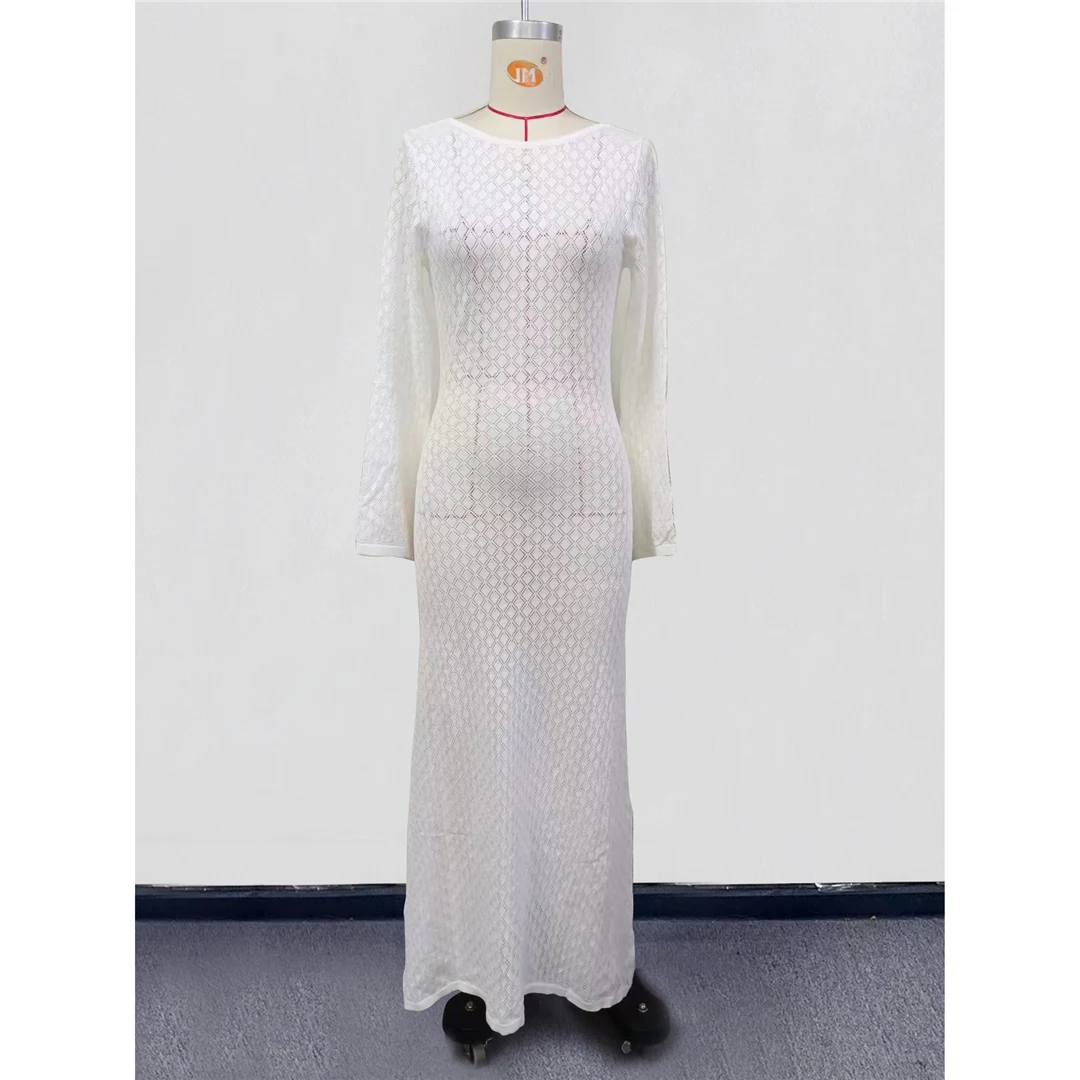 Sexy Damen Langarm-Strickkleid für Partys, lässiges, einfarbiges, rückenfreies Bikini-Überwurfkleid, Strandoutfit, Sommerkleid, Urlaub V5975 – Detail 9