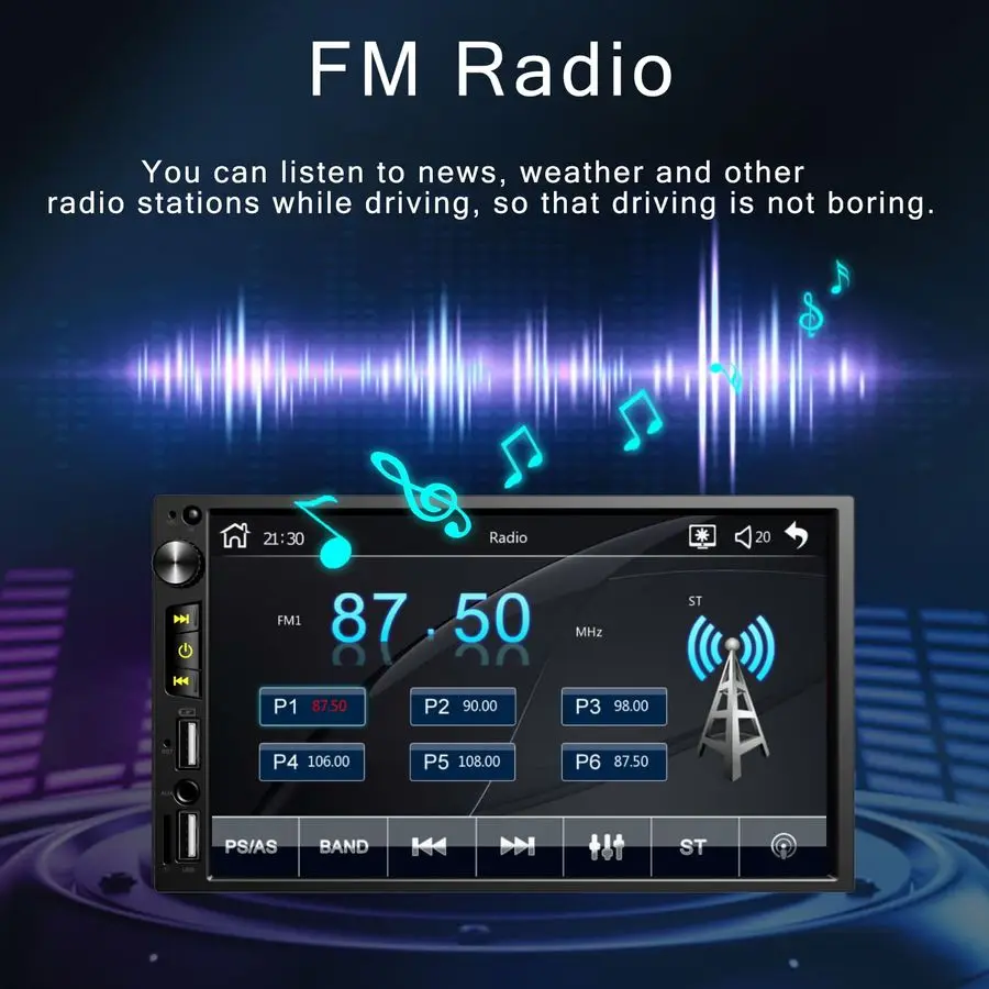 ستيريو سيارة مزدوج الدين 7 بوصة مع Apple Carplay، راديو سيارة FM بلوتوث، كاميرا احتياطية، شاشة لمس HD IPS 1024 600، مرآة Lin، Bui