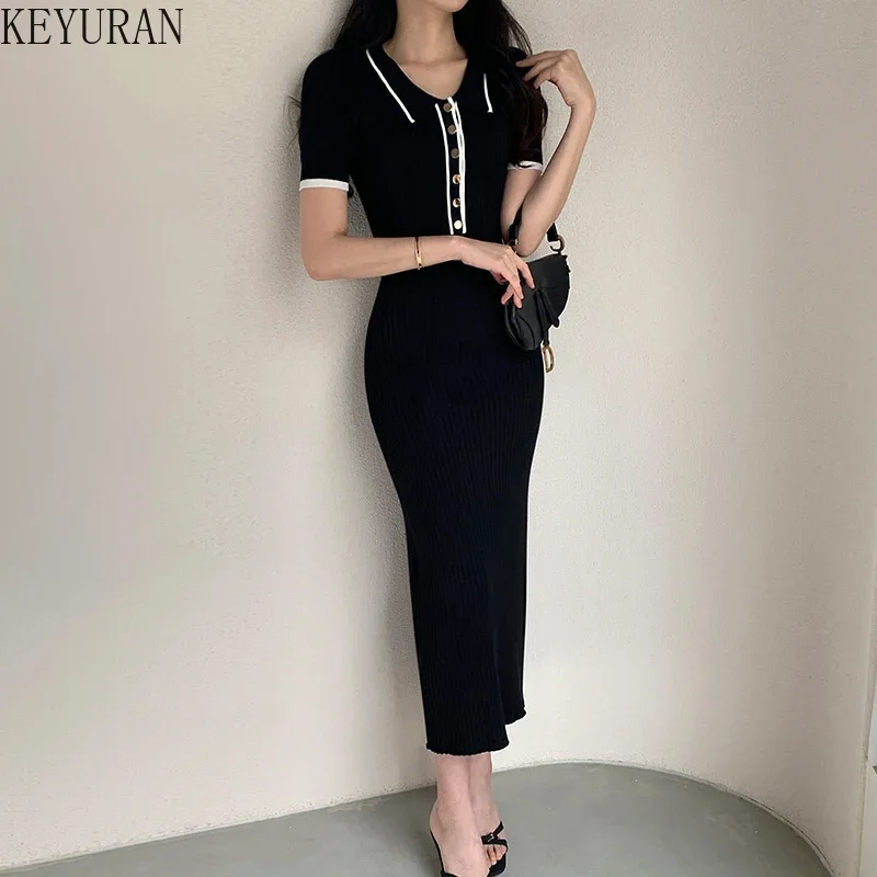 

2024 Spring Summer Korean Knitted Long Dresses Women Vintage Elegant Simple Casual Short Sleeve Work Party Bodycon Dress Vestido