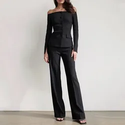 Vrouwen Suit 2PCS Kantoor Eenvoudige Effen Off Shoulder Lange Mouw Enkele Rij Knopen Top Losse Broek Sets ensemble femme 2 pièce