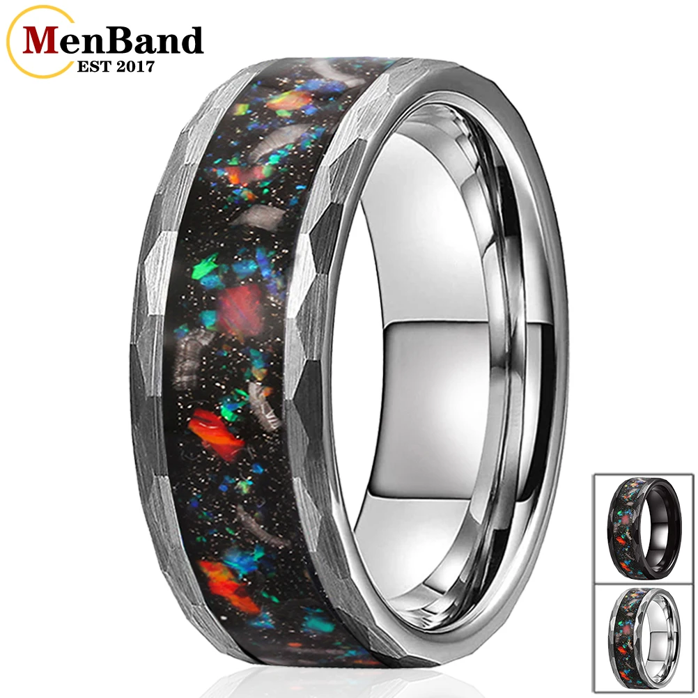 

MenBand New 8MM Men Women Hammered Tungsten Wedding Band Ring Colorful Galaxy Series Opal Inlay Fashion Gift Comfort Fit