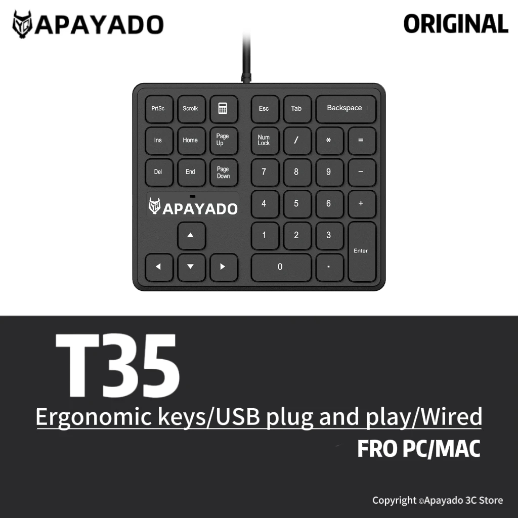 34 Keys Wired Numric Keypad APAYADO T35 USB Plug-and-Play,Ergonomic 34 Keys Mini Keypad for Finance
