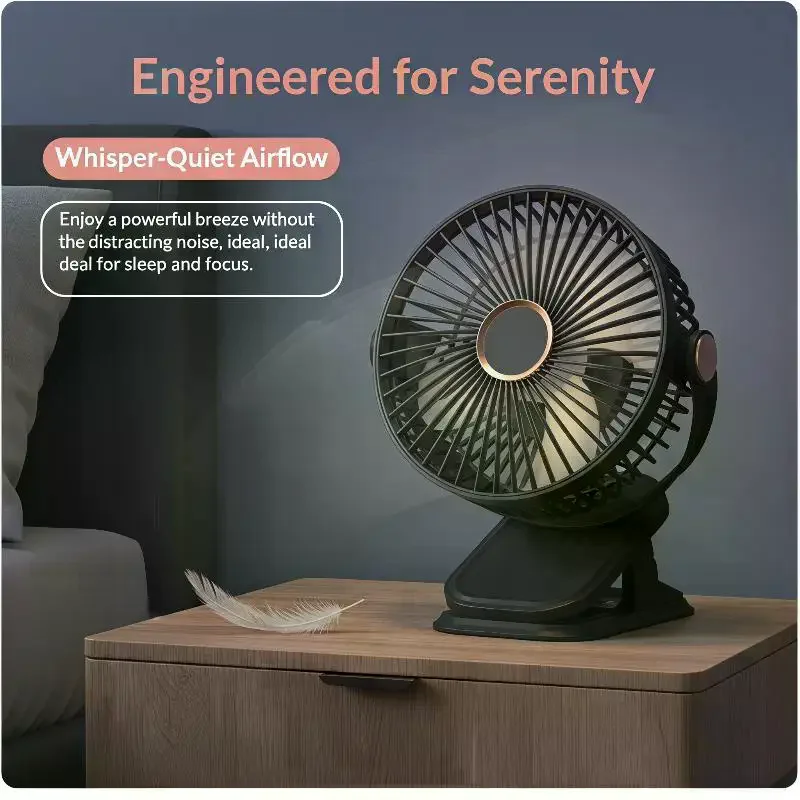 USB Rechargeable Desk Clip Fan with LED Light Quiet Operation Rotatable Mini Fan for Outdoor Travel Home Use