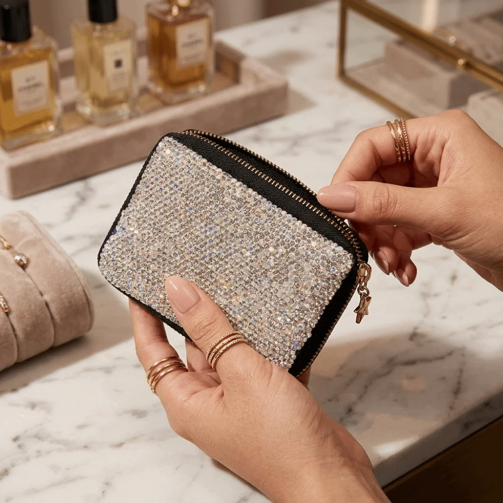 

Sparkling Women's Card Bag Luxury Dust-proof Mini Card Case Waterproof Portable Bling Crystal Card Wallet Travel Accessories