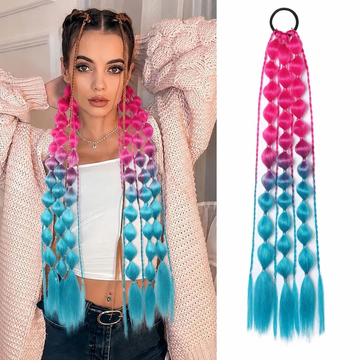 Bubble Braid Pferdeschwanz-Haargummi mit Farbverlauf, elastische Verlängerung, synthetisch, lang, geflochten, zum Wickeln, für Festival, Cosplay, Party, Damen und Mädchen – Detail 2
