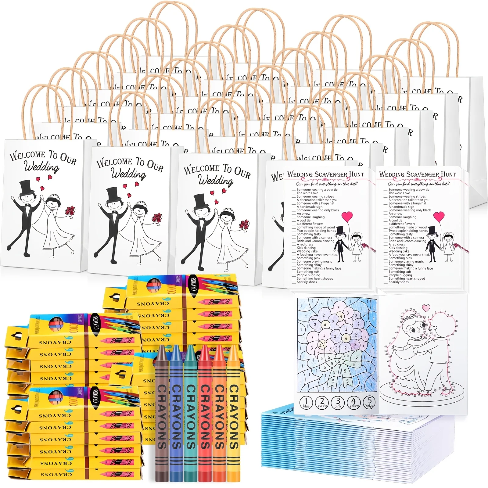 Wedding Activity Set – 96-Piece Guest Entertainment Kit: 24 Coloring Books, 24 Favor Bags, 24 Crayons & 24 Scavenger Hunt Sheets view 3