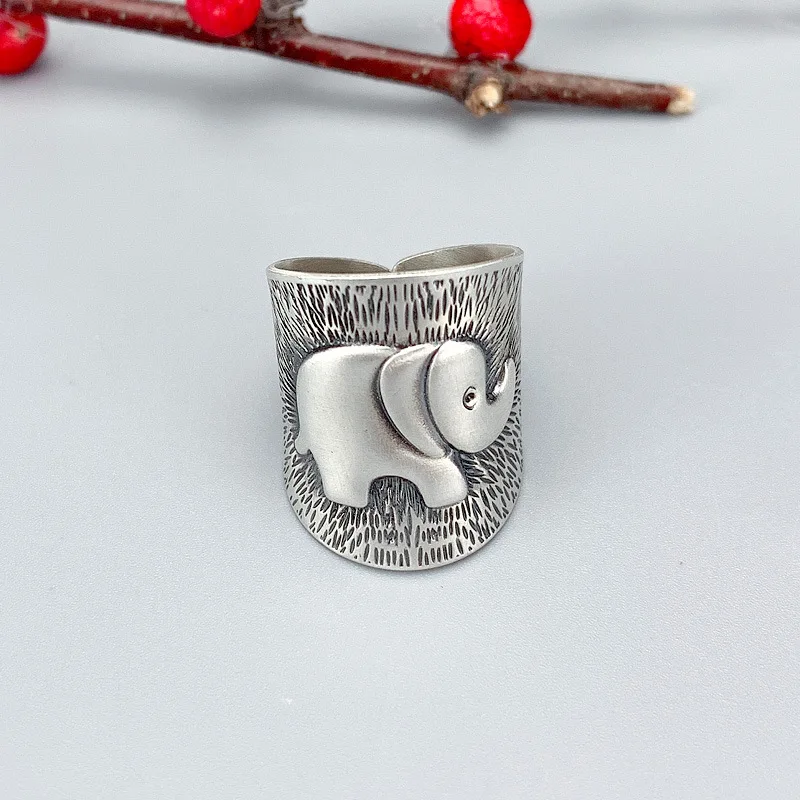 Retro Elephant Wide Ring Dla Kobiet Mężczyzn Srebrny Kolor Vintage Styl Etniczny Otwarty Pierścionek Punk Gothic Akcesoria Projektant Biżuterii Prezent — zdjęcie 3
