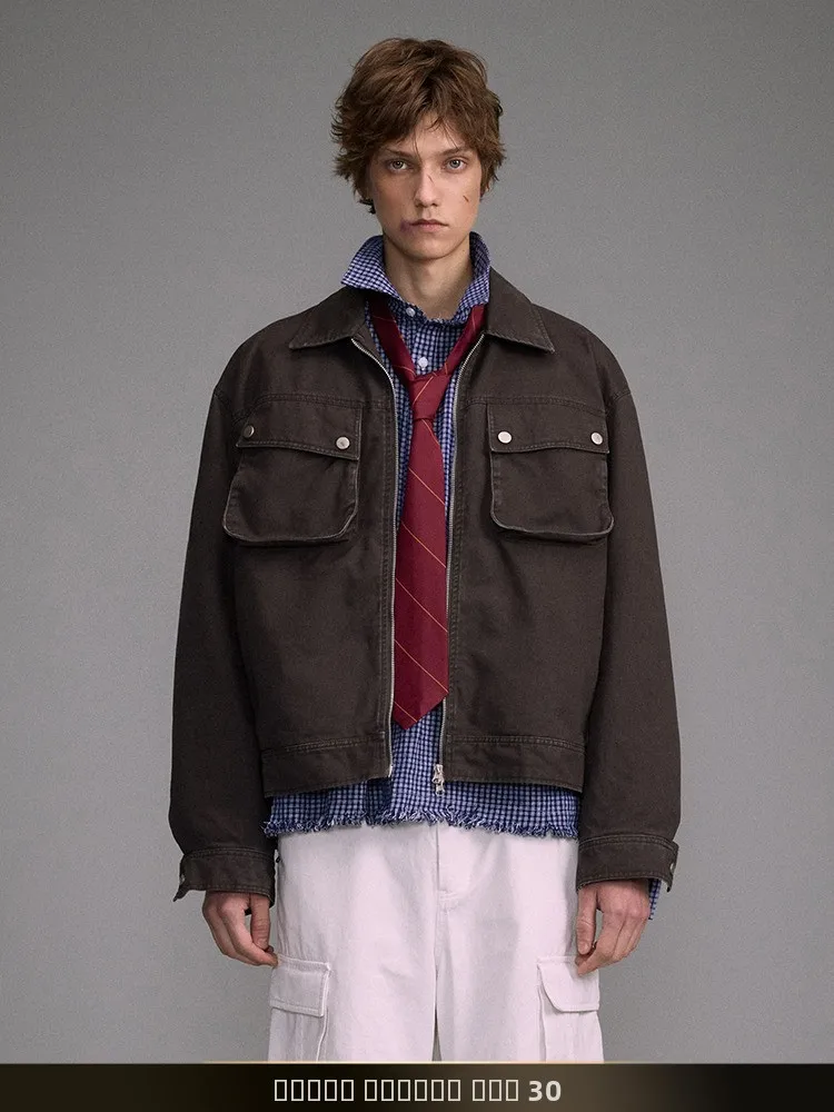

Retro American Waed Multi-ket Men's Denim Jaet ort Sle Spring Street Cool Workwear Coat Youth Trend Loose Fit