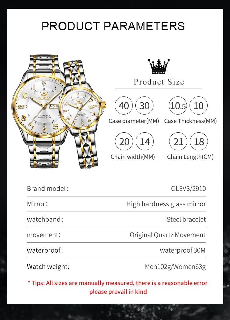 OLEVS 2910 Top Quartz Couple Watch Fashion Luxury Diamond Calendar Waterproof Stainless Steel Business Couple Set Gift Box Watch