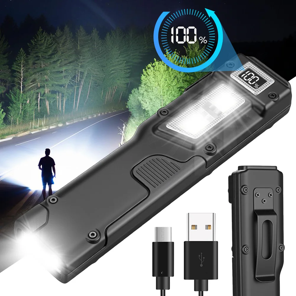 UniqueFire EDC Tactical Flashlight Rechargeable Back Clip Torch Dual-Switches LED UV Flashlight with Digital Display,Stainless