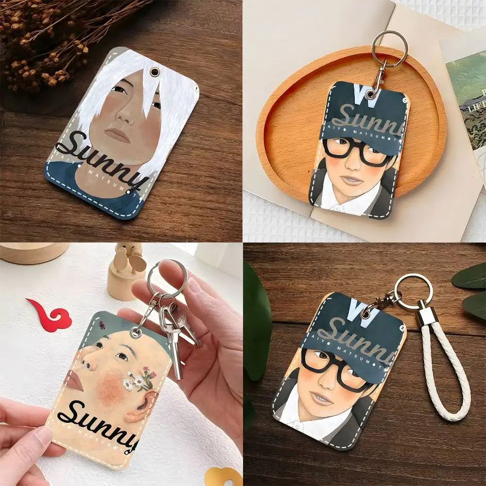 1pc Sunny Card Case Keychain Access Card Bag Key Tag Ring Leather Card Holder Key Ring Access