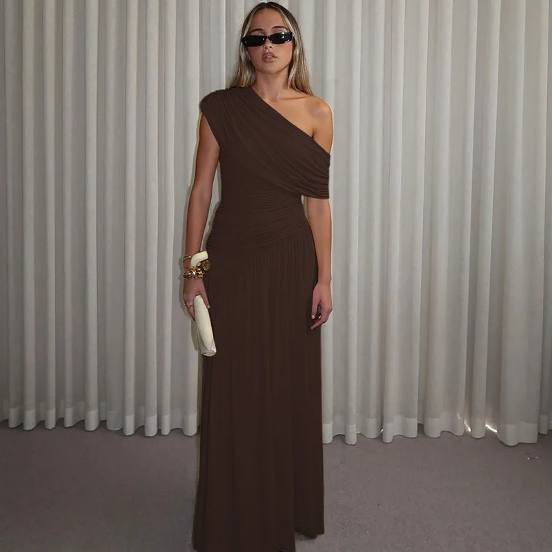 CHNMR Elegant One Shoulder Ruched Slim Maxi Dress Women Fashion Sleeveless Evening Party Robe Y2K 2026 Summer New Female Clothes - view 4
