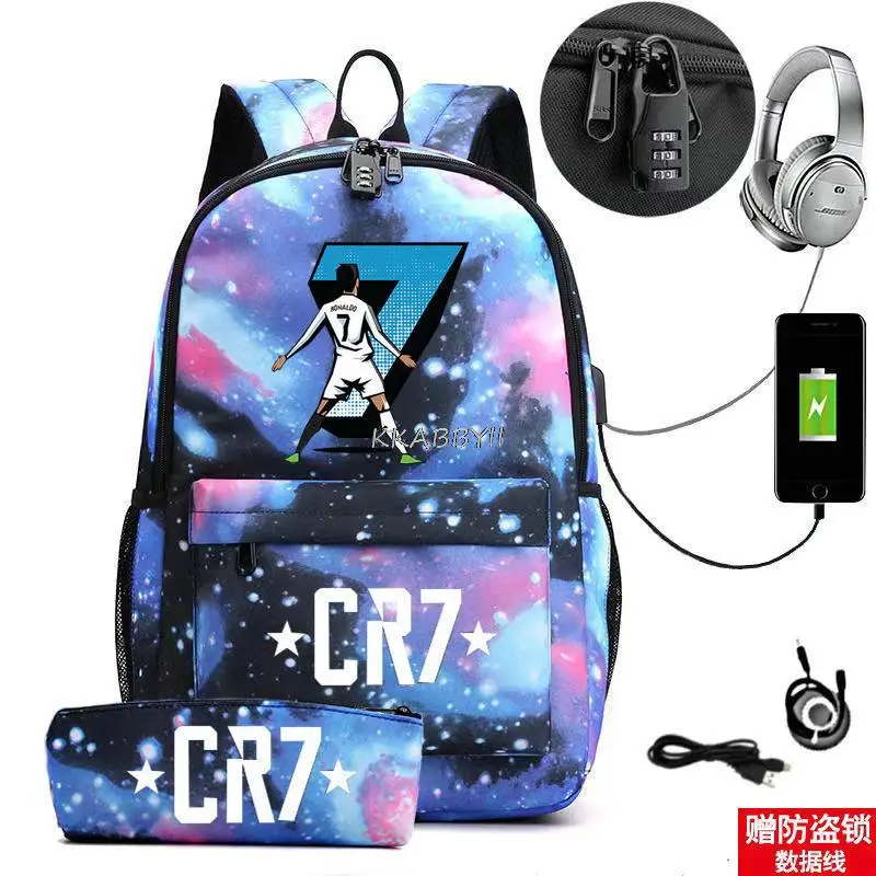 Mochila piezas CR7 para hombre y mujer, morral escolar de 18 pulgadas con carga USB, color negro, para ordenador portátil y adolescentes, 2 unidades