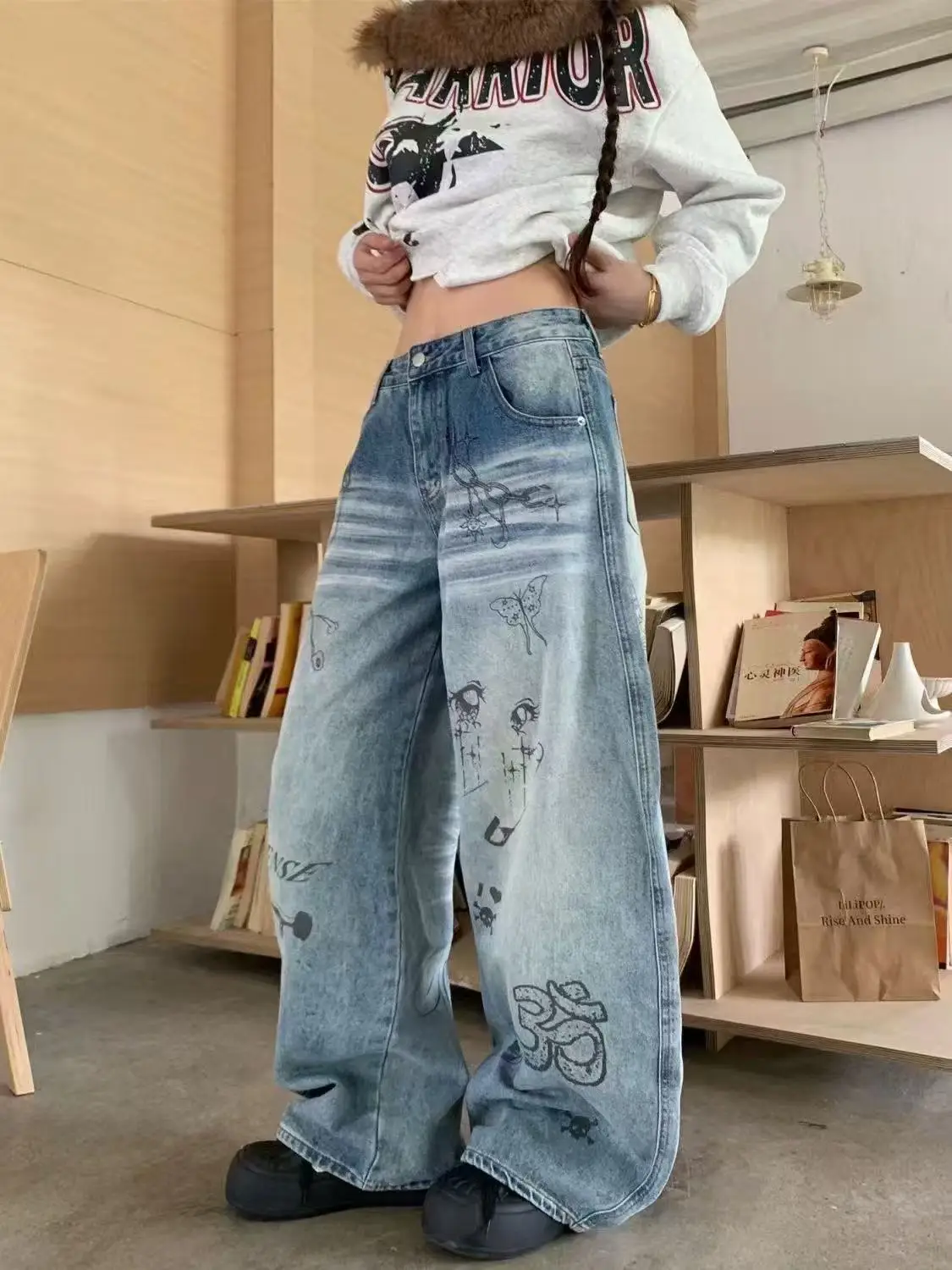 Women's Baggy Jean Bleach Denim Pants Print Y2K Japanese Harajuku 2000s American Retro Long Trousers High Street Boyfriend New